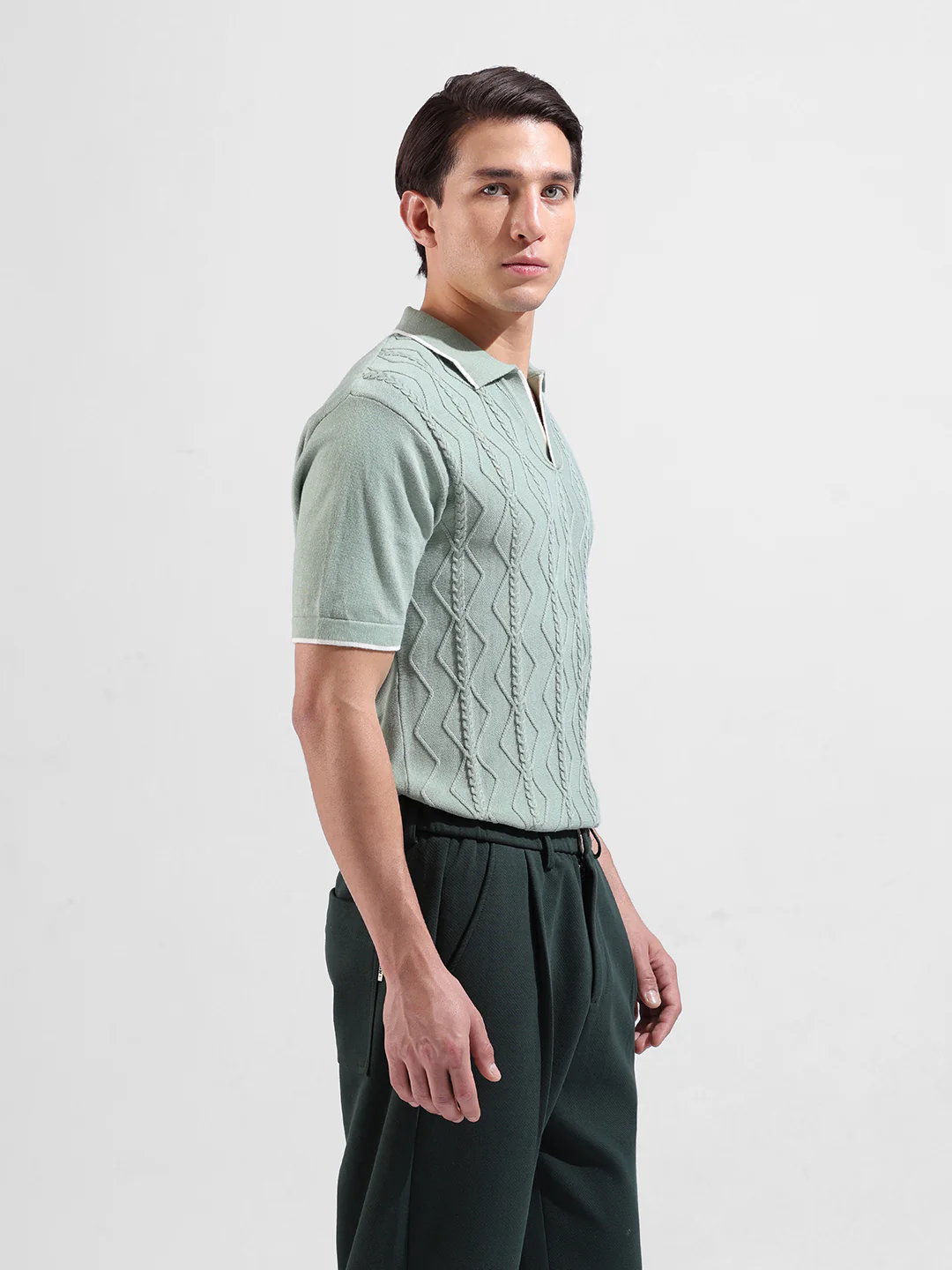Men's Green Slim Fit Solid Flat Knit Polo Neck T-Shirt - Image 4