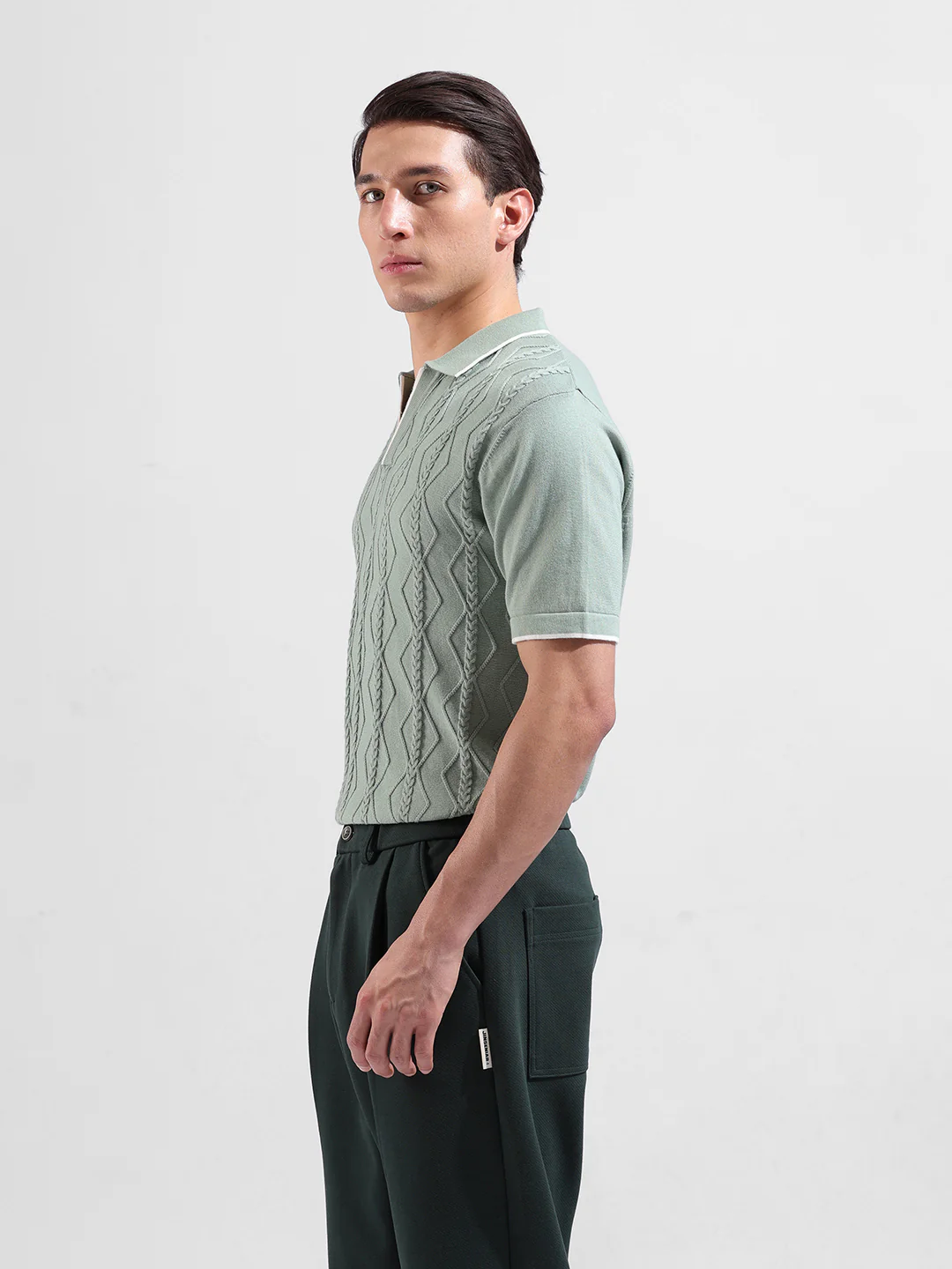 Men's Green Slim Fit Solid Flat Knit Polo Neck T-Shirt - Image 5