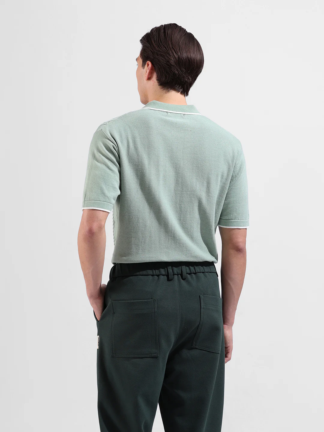 Men's Green Slim Fit Solid Flat Knit Polo Neck T-Shirt - Image 6