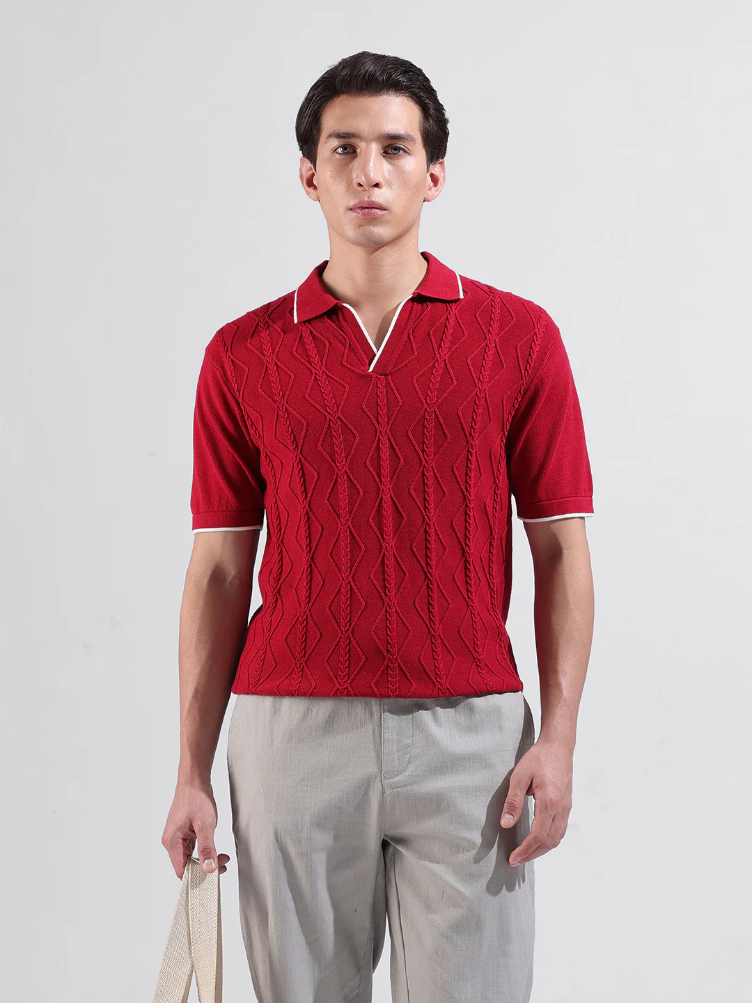 Men's Red Slim Fit Striped Flat Knit Polo Neck T-Shirt - Image 2