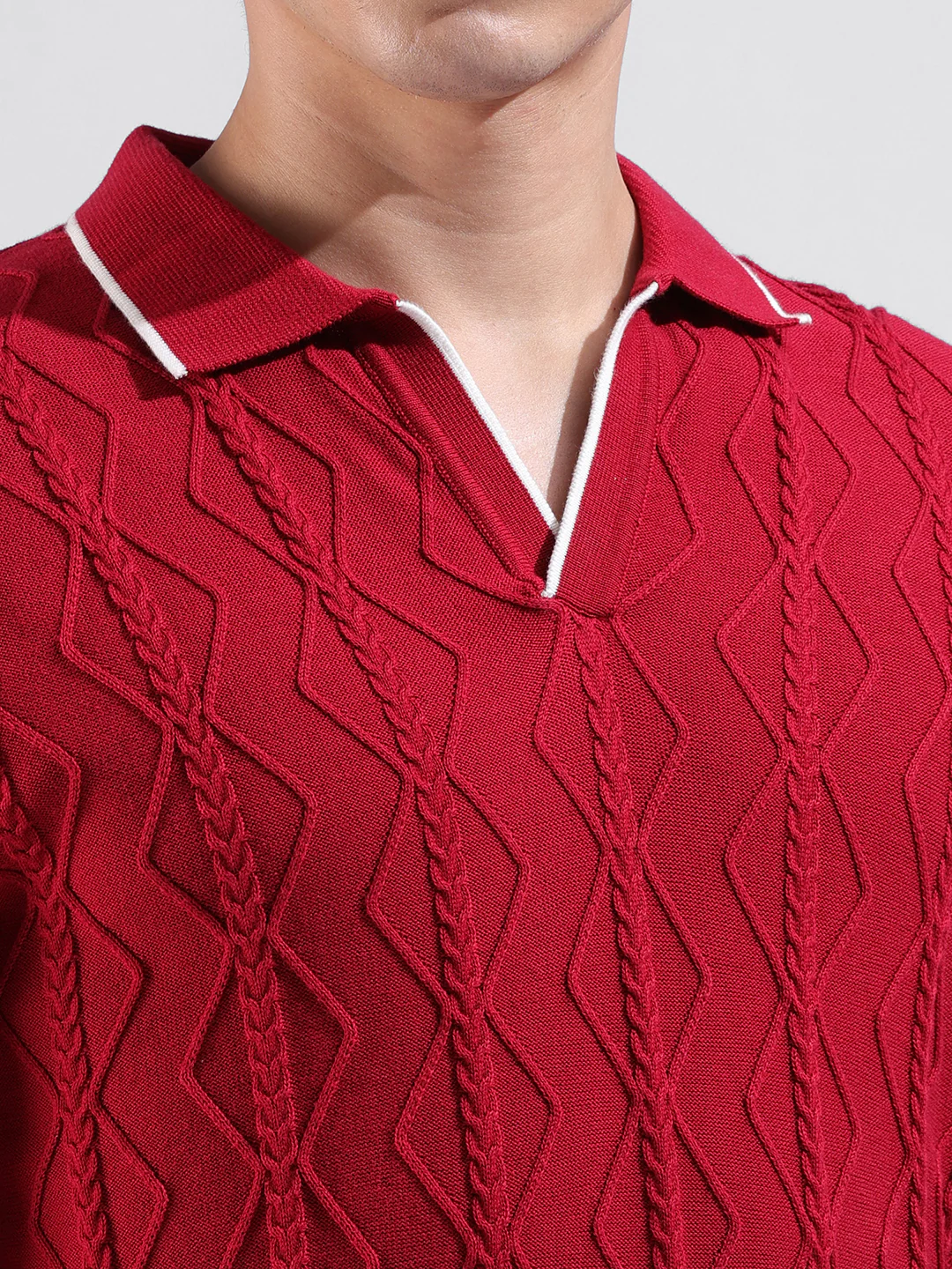 Men's Red Slim Fit Striped Flat Knit Polo Neck T-Shirt - Image 3