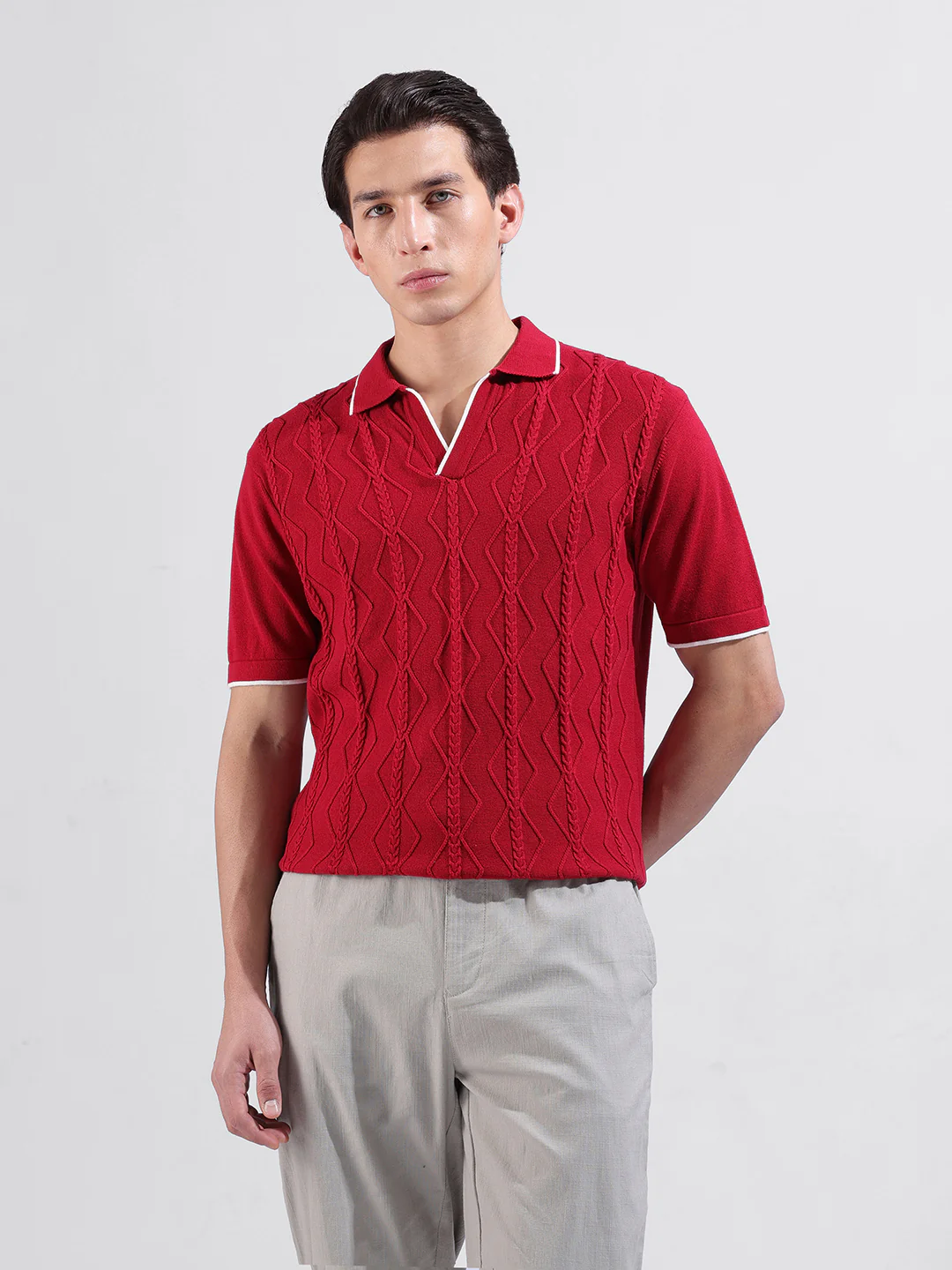 Men's Red Slim Fit Striped Flat Knit Polo Neck T-Shirt - Image 4