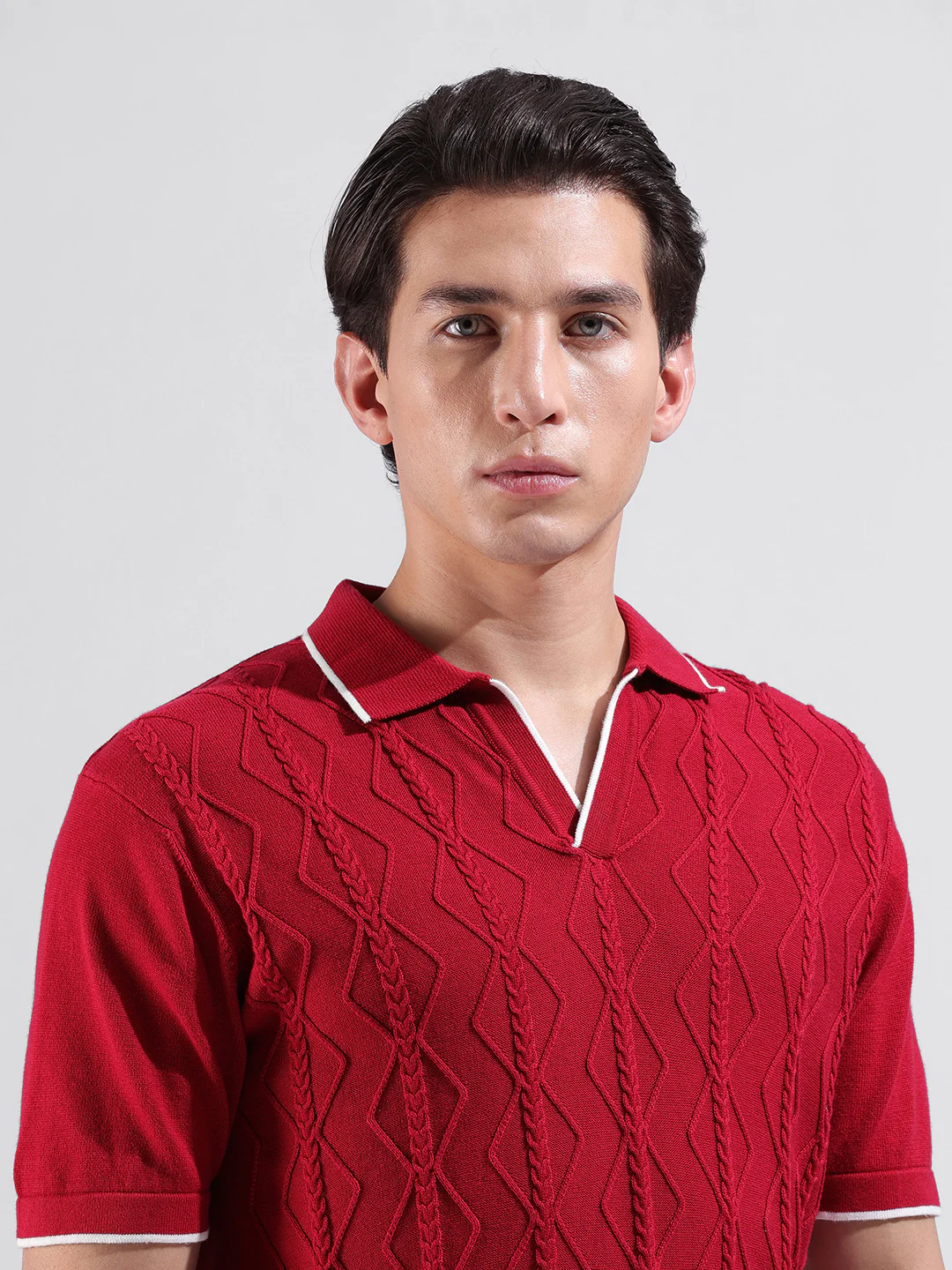 Men's Red Slim Fit Striped Flat Knit Polo Neck T-Shirt - Image 5