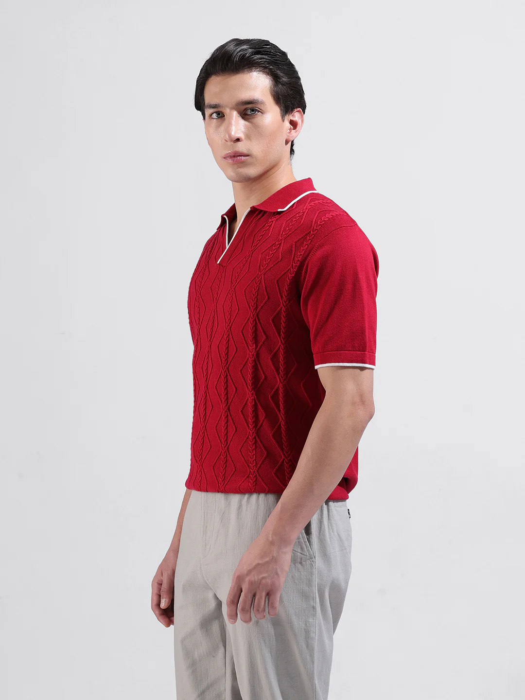 Men's Red Slim Fit Striped Flat Knit Polo Neck T-Shirt - Image 6