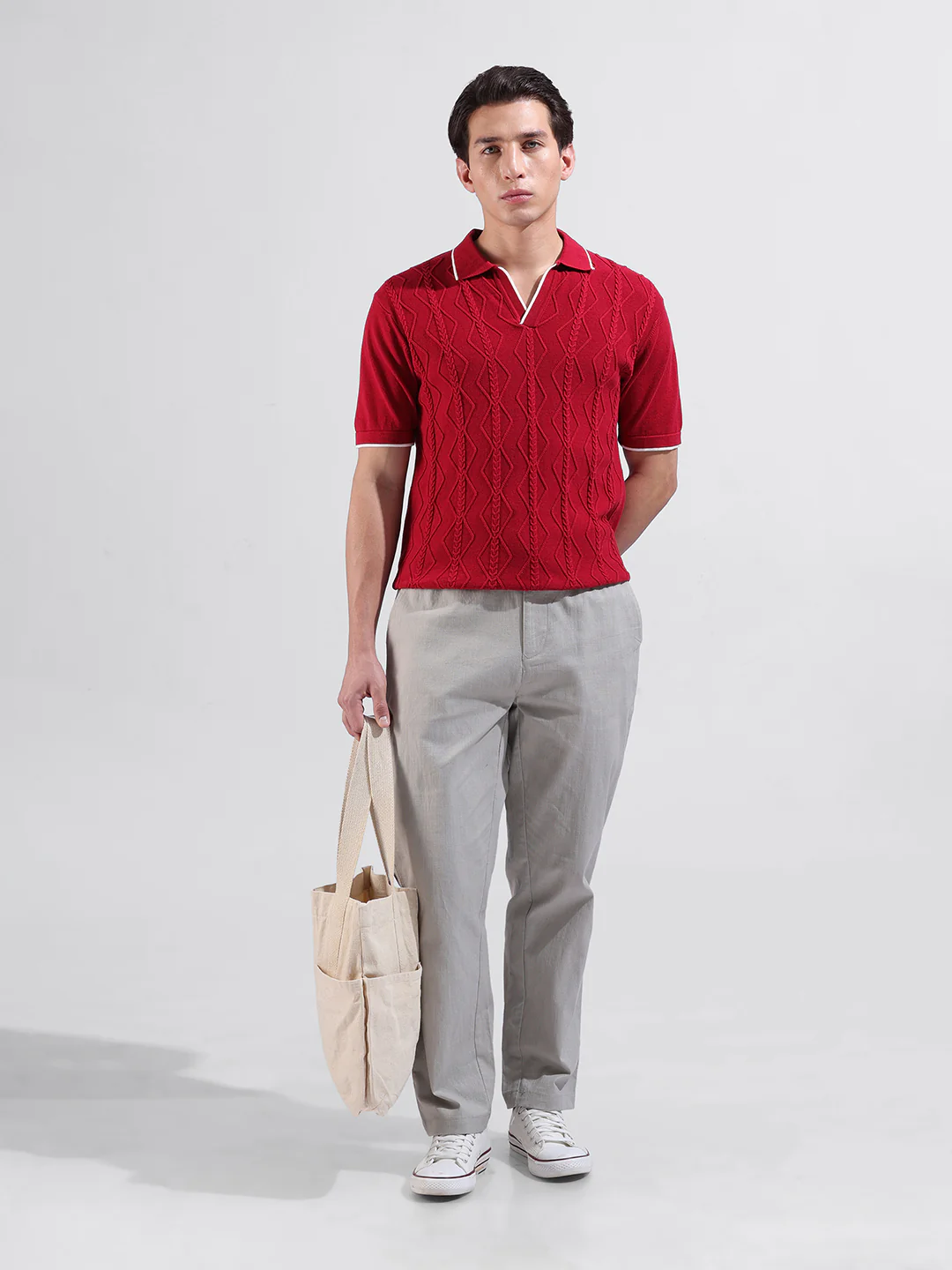 Men's Red Slim Fit Striped Flat Knit Polo Neck T-Shirt - Image 7