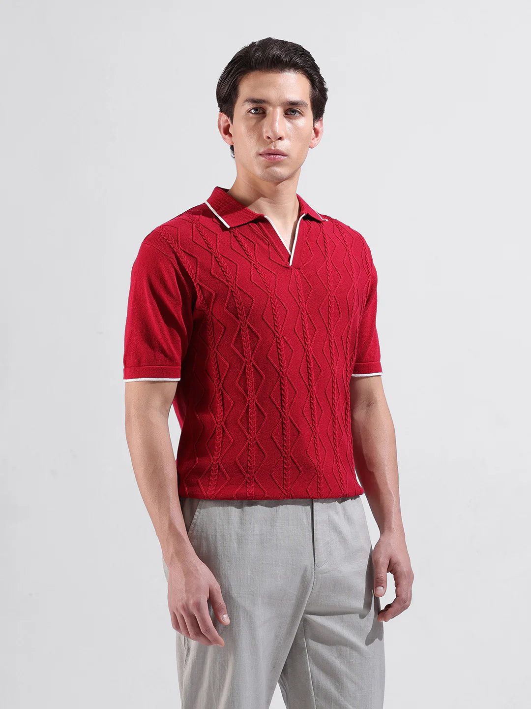 Men's Red Slim Fit Striped Flat Knit Polo Neck T-Shirt - Image 8