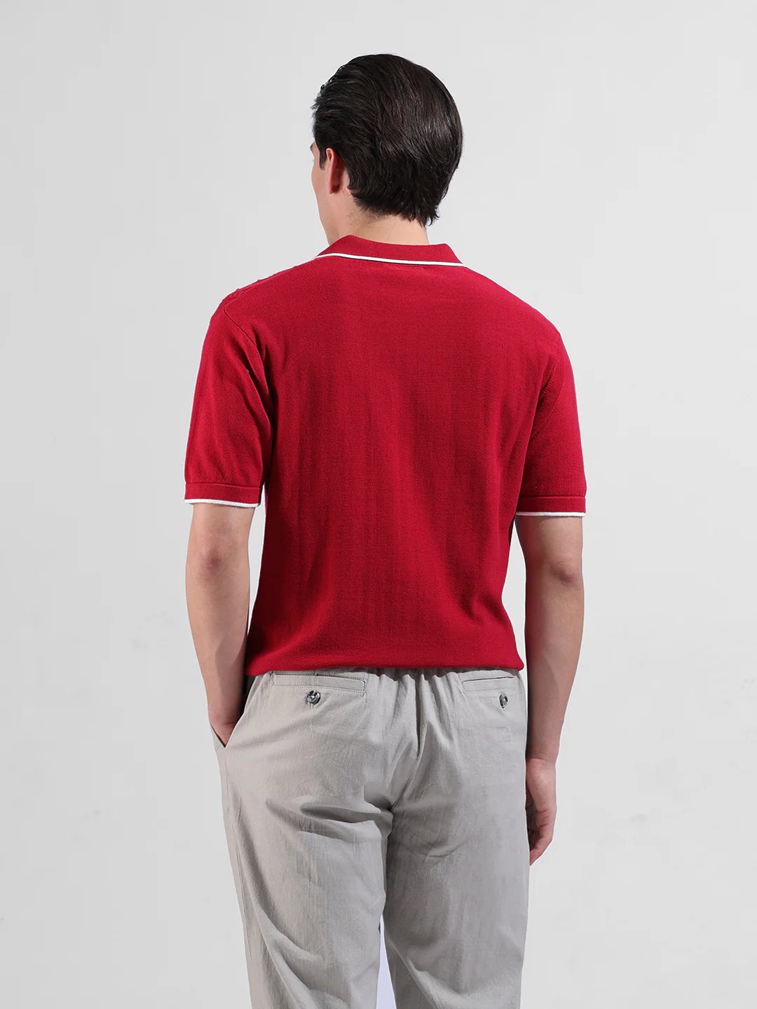 Men's Red Slim Fit Striped Flat Knit Polo Neck T-Shirt - Image 9