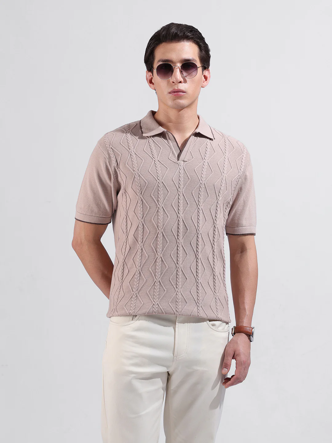 Men's Peach Slim Fit Solid Flat Knit T-Shirt - Image 2