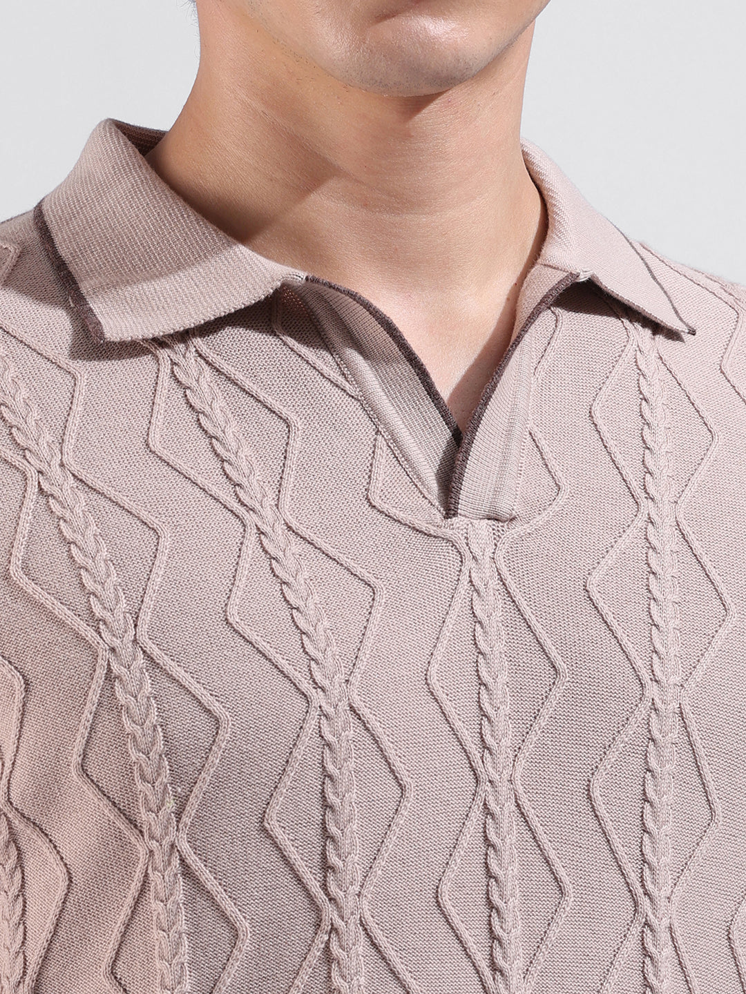 Men's Peach Slim Fit Solid Flat Knit T-Shirt - Image 3