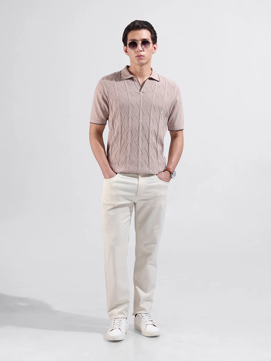 Men's Peach Slim Fit Solid Flat Knit T-Shirt - Image 4