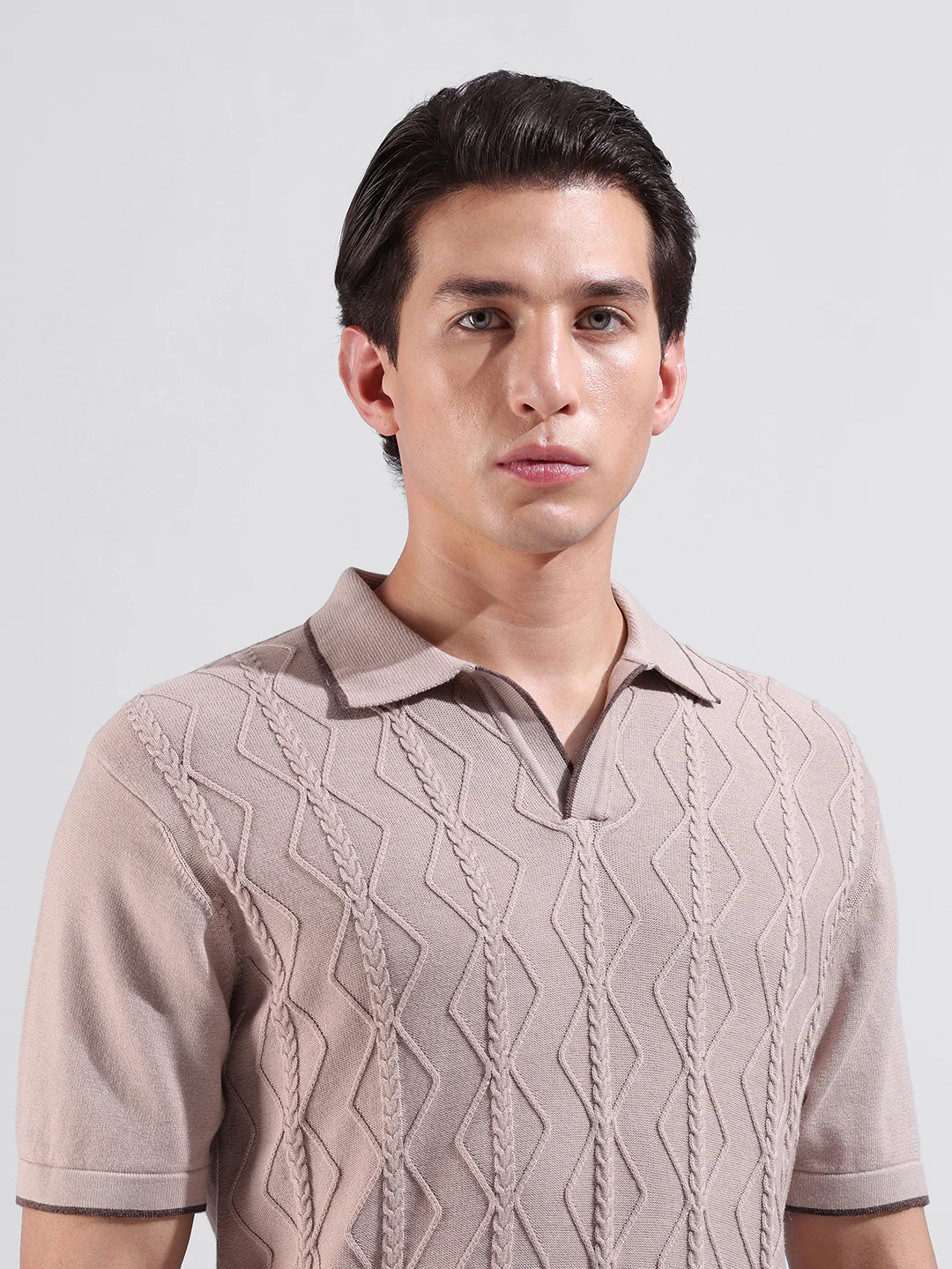 Men's Peach Slim Fit Solid Flat Knit T-Shirt - Image 5