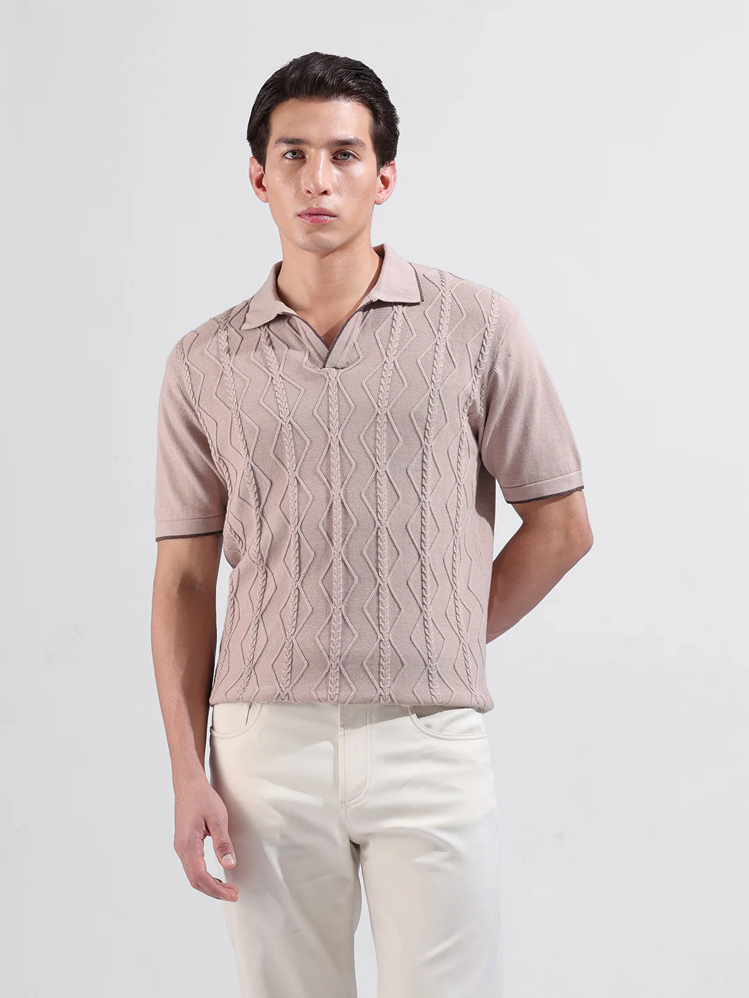 Men's Peach Slim Fit Solid Flat Knit T-Shirt - Image 6