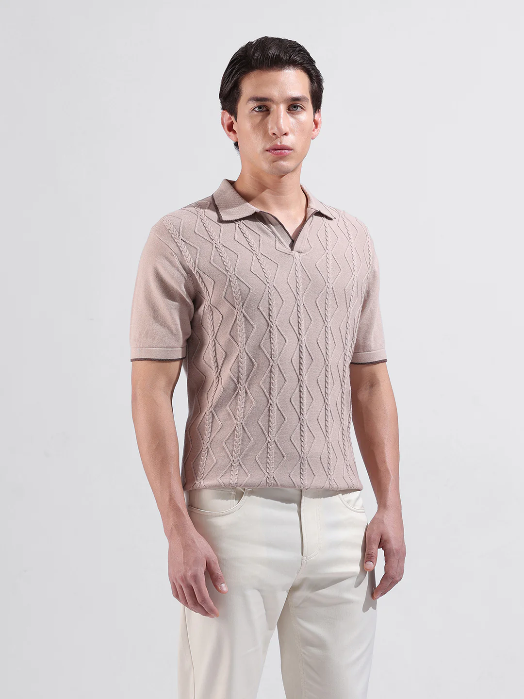 Men's Peach Slim Fit Solid Flat Knit T-Shirt - Image 8