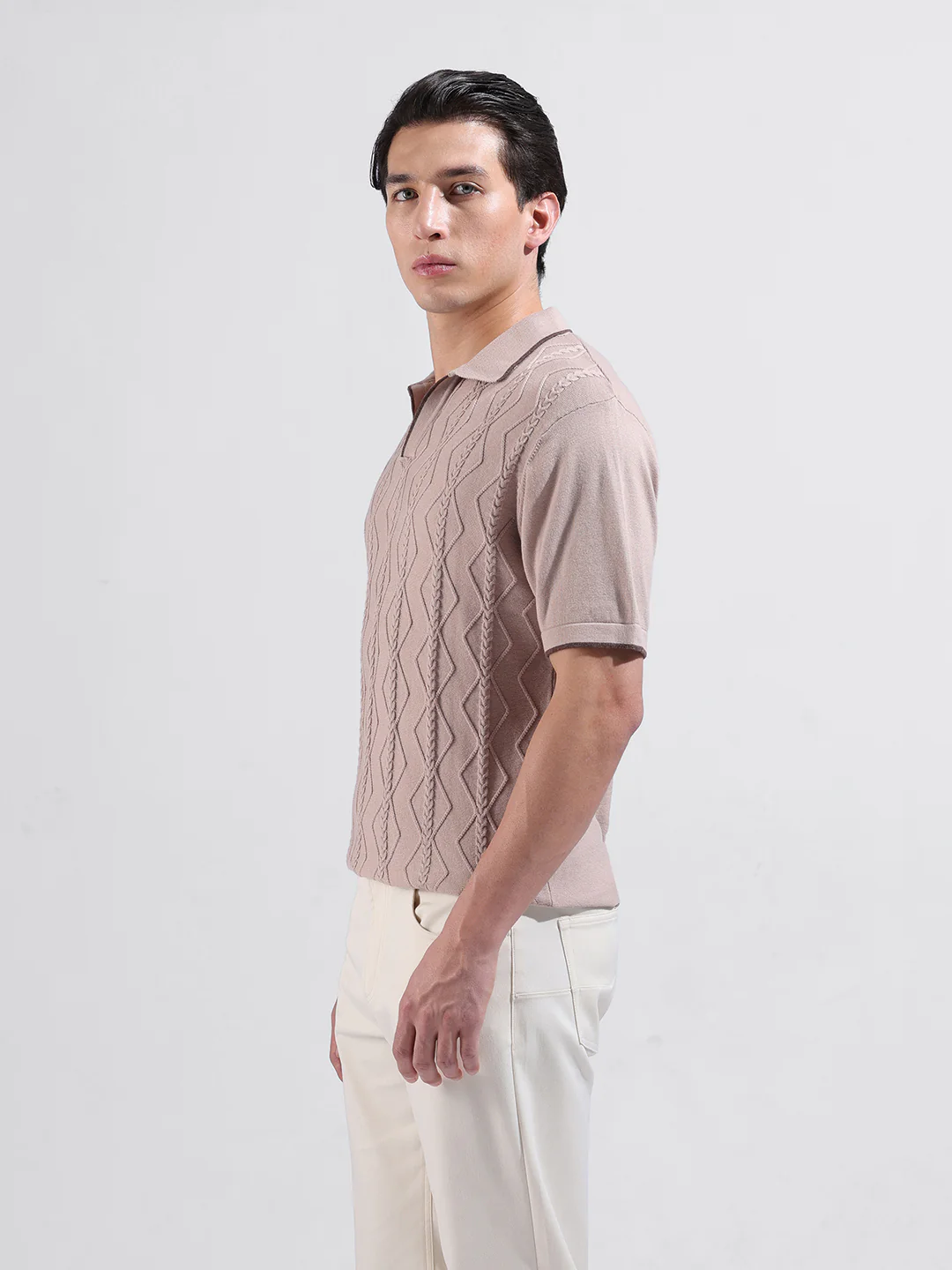 Men's Peach Slim Fit Solid Flat Knit T-Shirt - Image 9