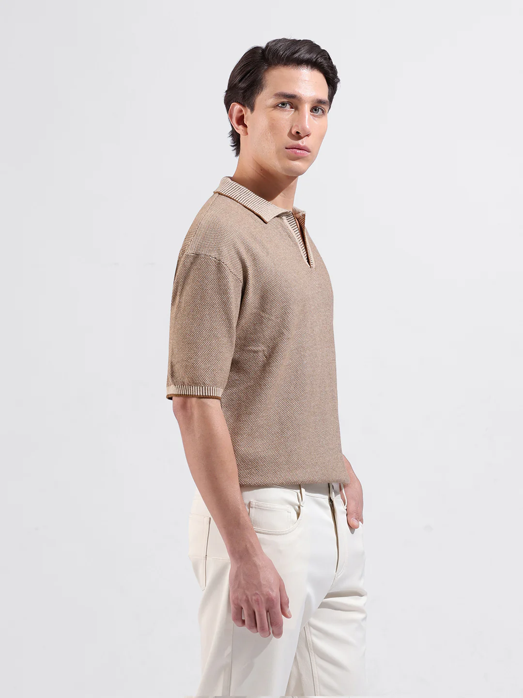 Men's Brown Oversized Fit Solid Flat Knit T-Shirt - Image 2