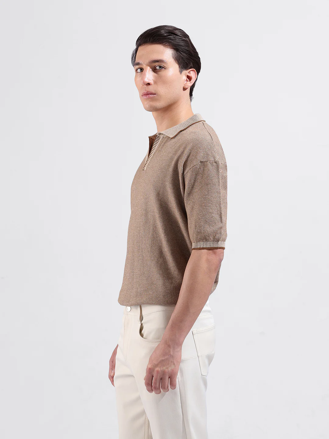 Men's Brown Oversized Fit Solid Flat Knit T-Shirt - Image 3