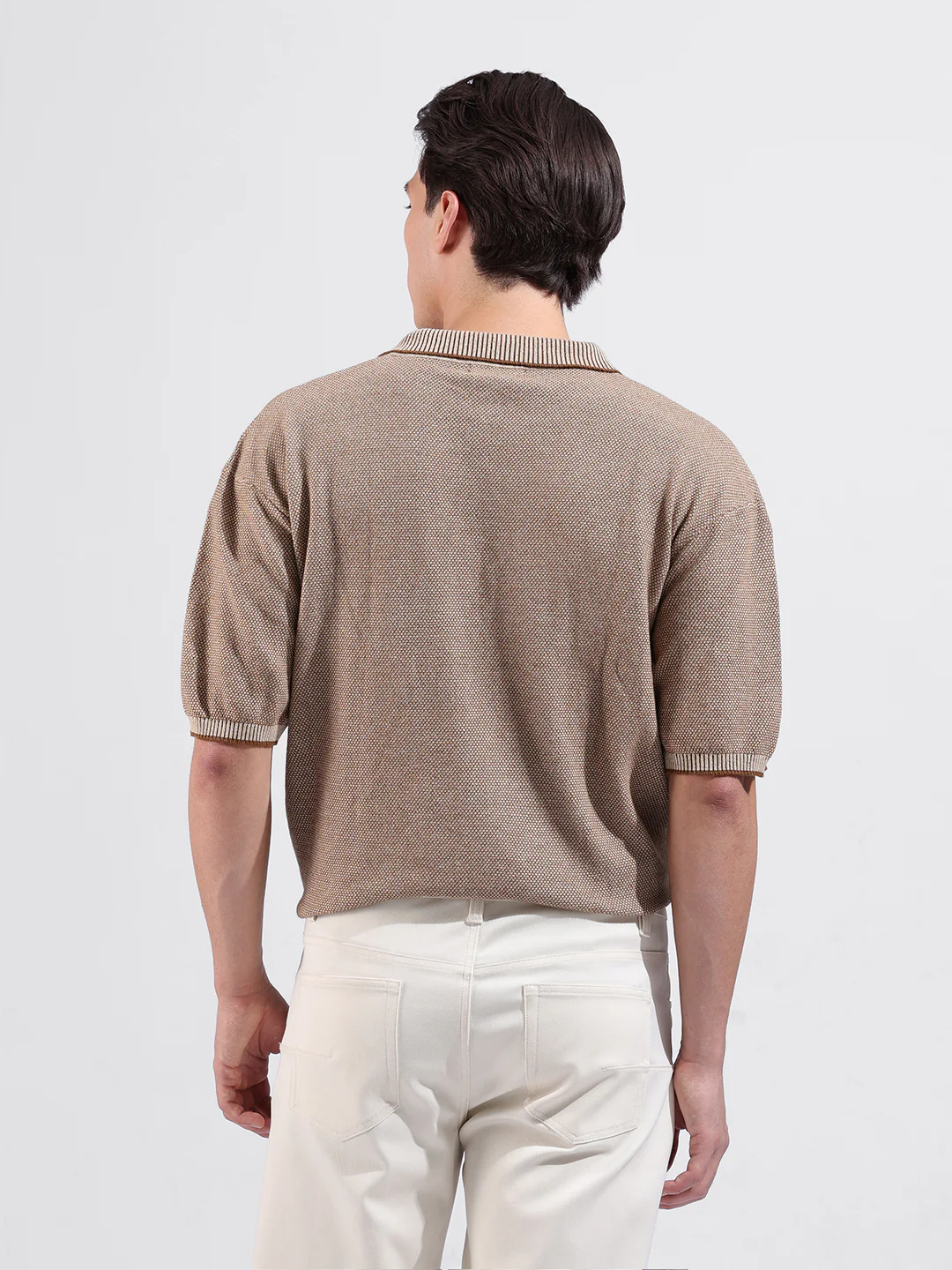 Men's Brown Oversized Fit Solid Flat Knit T-Shirt - Image 4