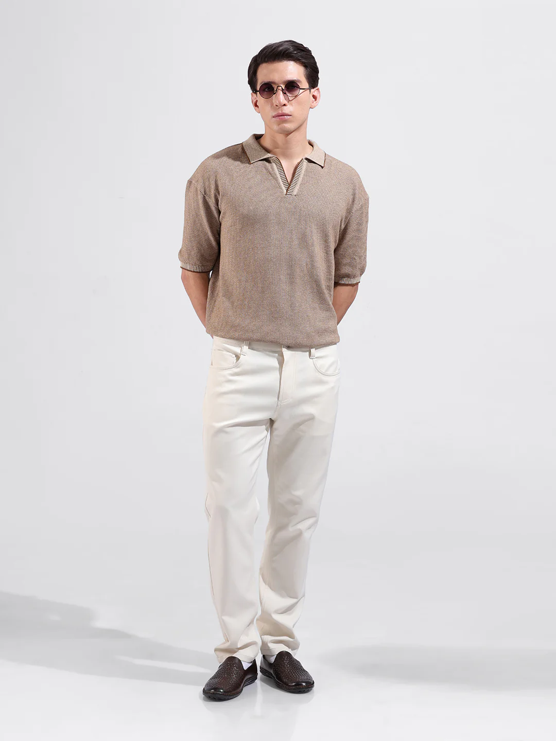 Men's Brown Oversized Fit Solid Flat Knit T-Shirt - Image 5