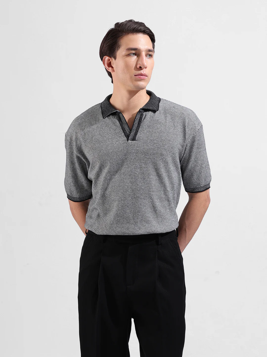 Men's Grey Oversized Fit Solid Flat Knit Polo Neck T-Shirt - Image 2