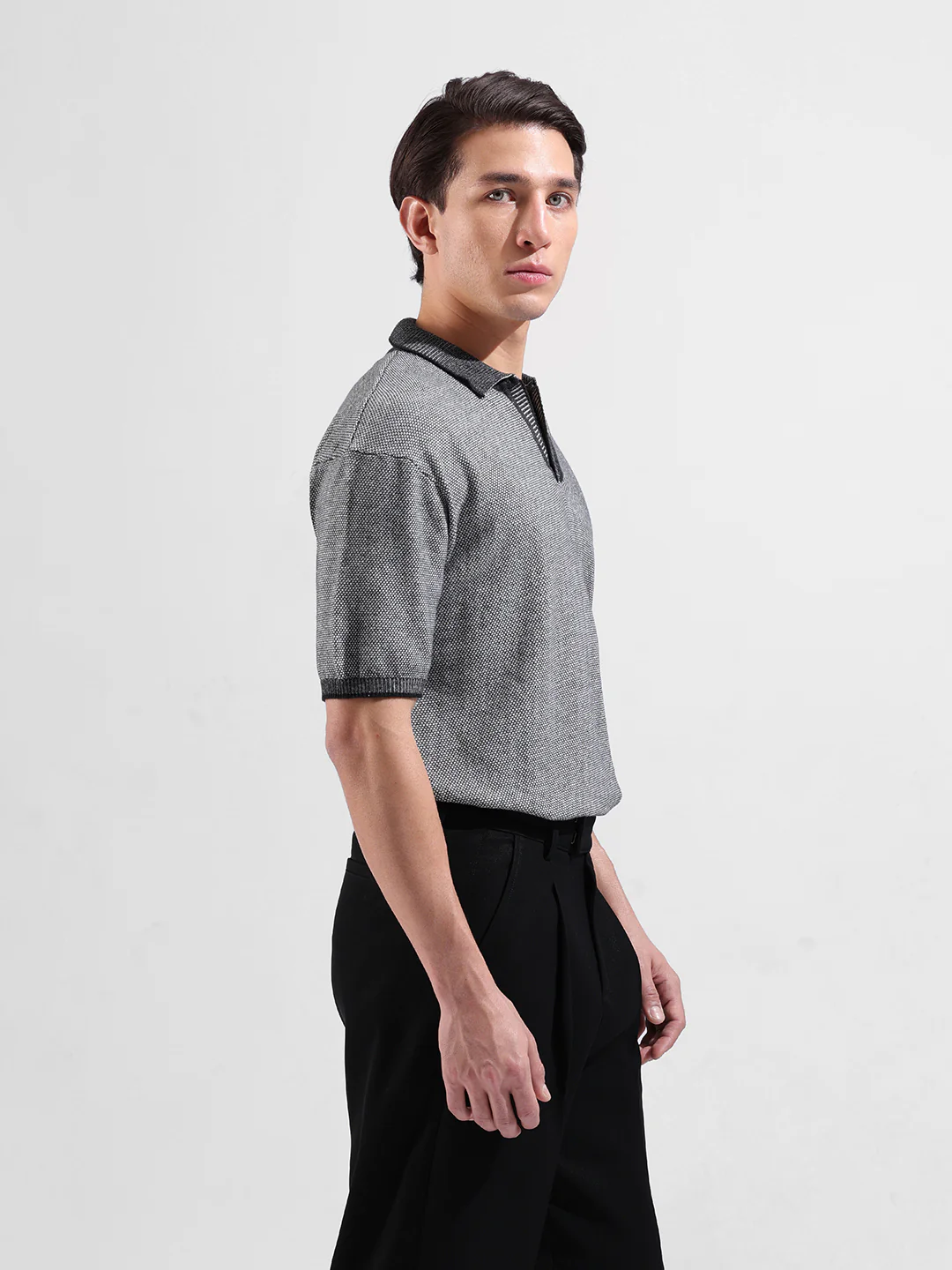 Men's Grey Oversized Fit Solid Flat Knit Polo Neck T-Shirt - Image 3