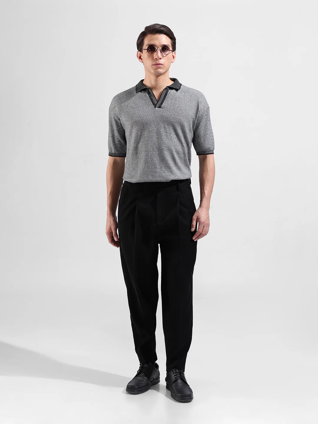 Men's Grey Oversized Fit Solid Flat Knit Polo Neck T-Shirt - Image 5