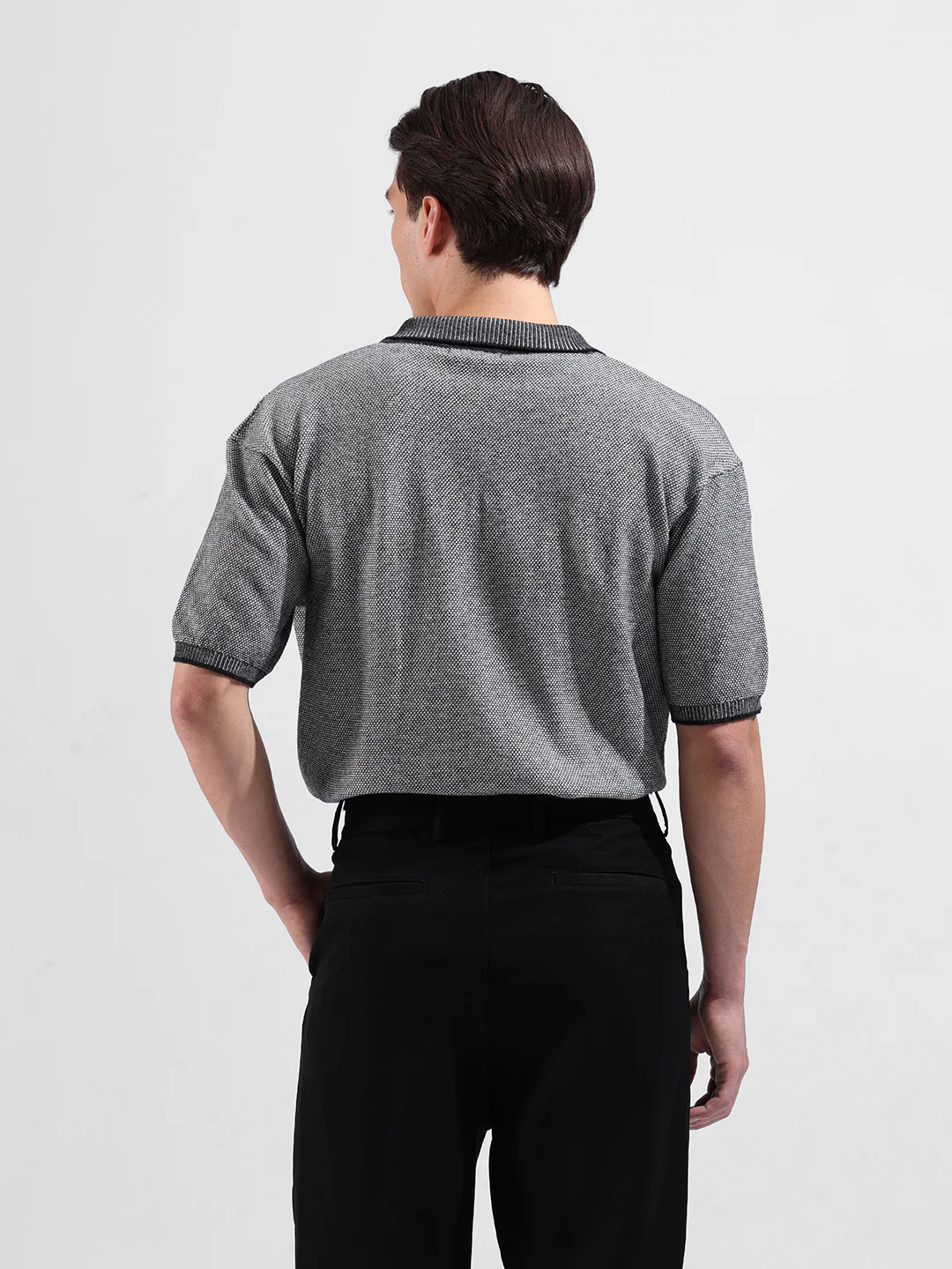 Men's Grey Oversized Fit Solid Flat Knit Polo Neck T-Shirt - Image 6