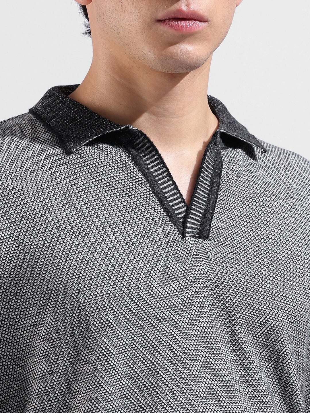 Men's Grey Oversized Fit Solid Flat Knit Polo Neck T-Shirt - Image 7