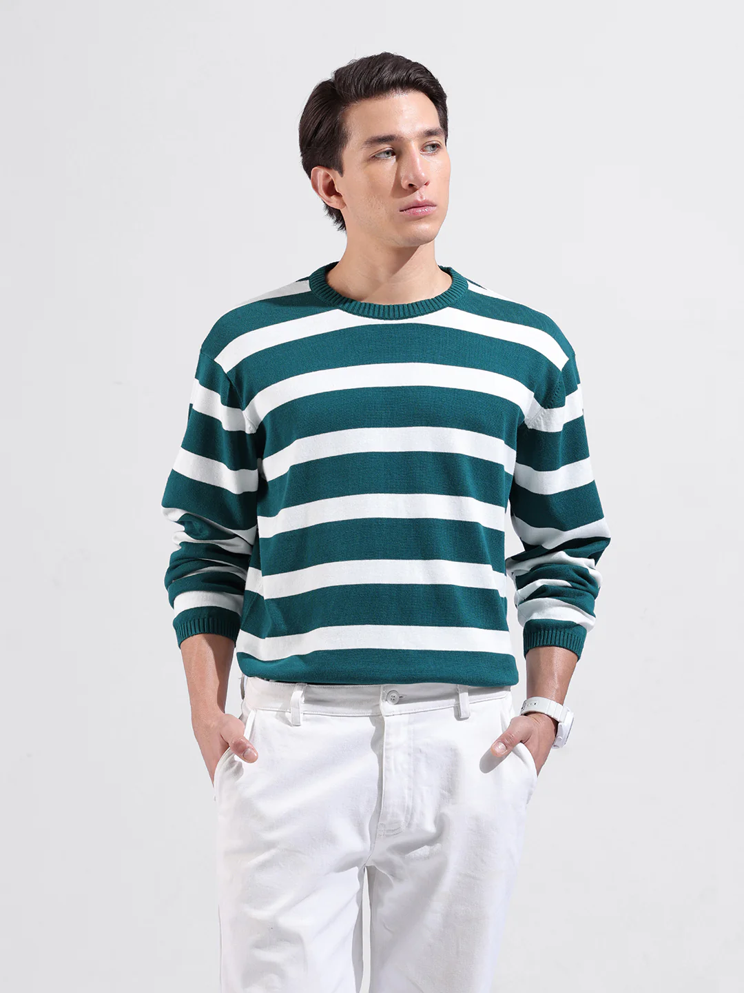 Men's Green Oversized Fit Striped Flat Knit Crew Neck T-Shirt - Image 2