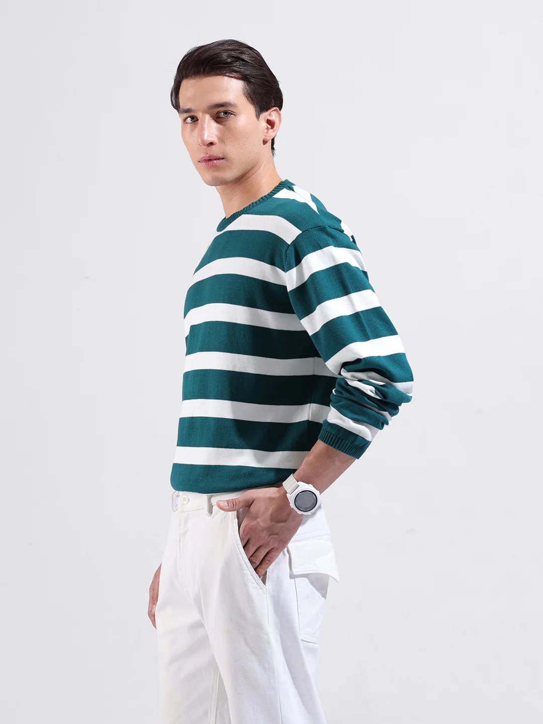 Men's Green Oversized Fit Striped Flat Knit Crew Neck T-Shirt - Image 3