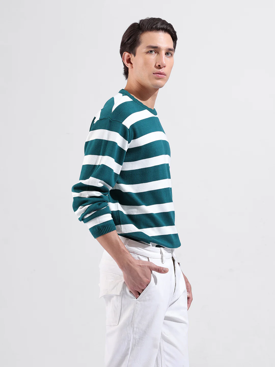 Men's Green Oversized Fit Striped Flat Knit Crew Neck T-Shirt - Image 4