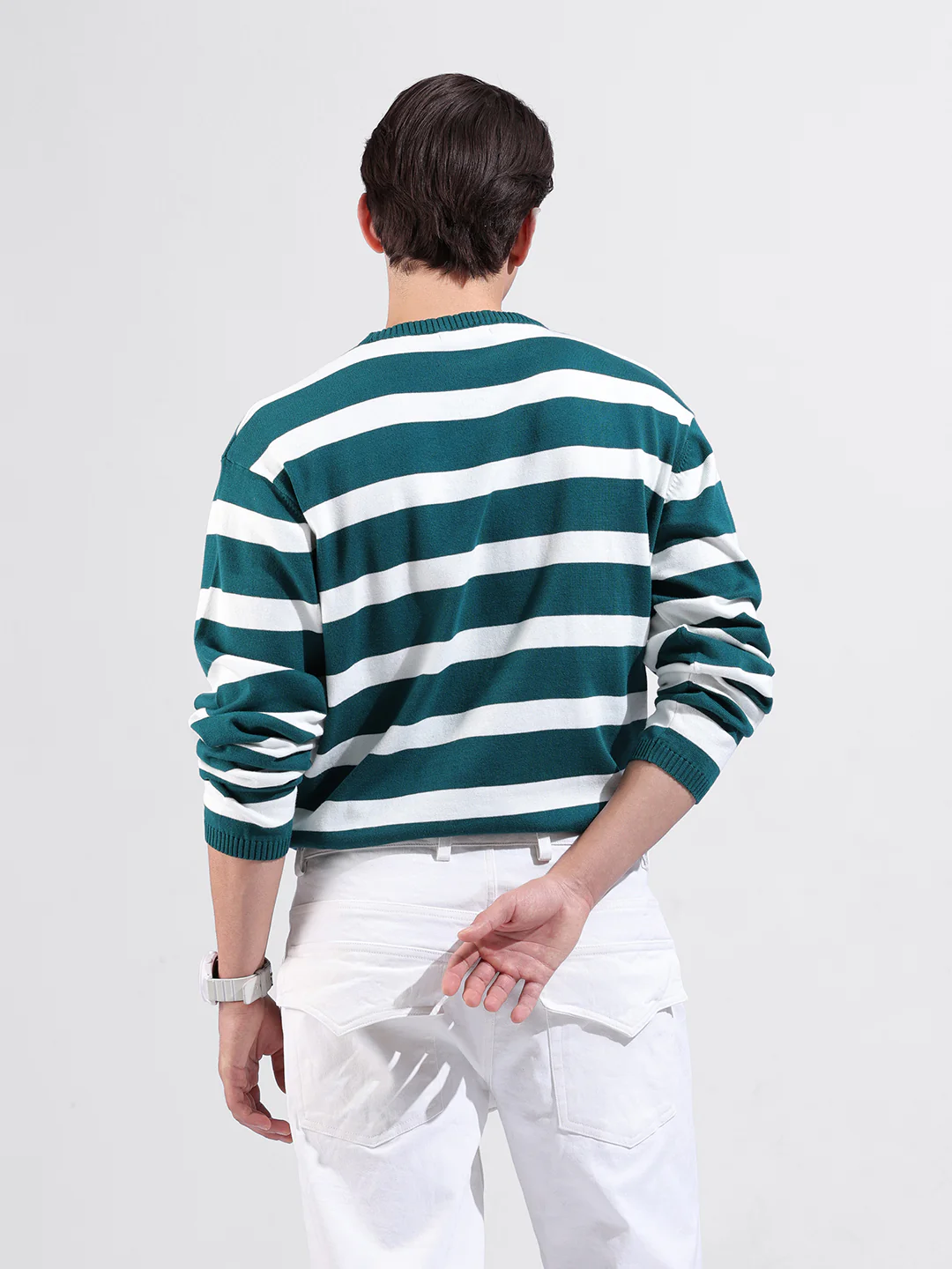 Men's Green Oversized Fit Striped Flat Knit Crew Neck T-Shirt - Image 5