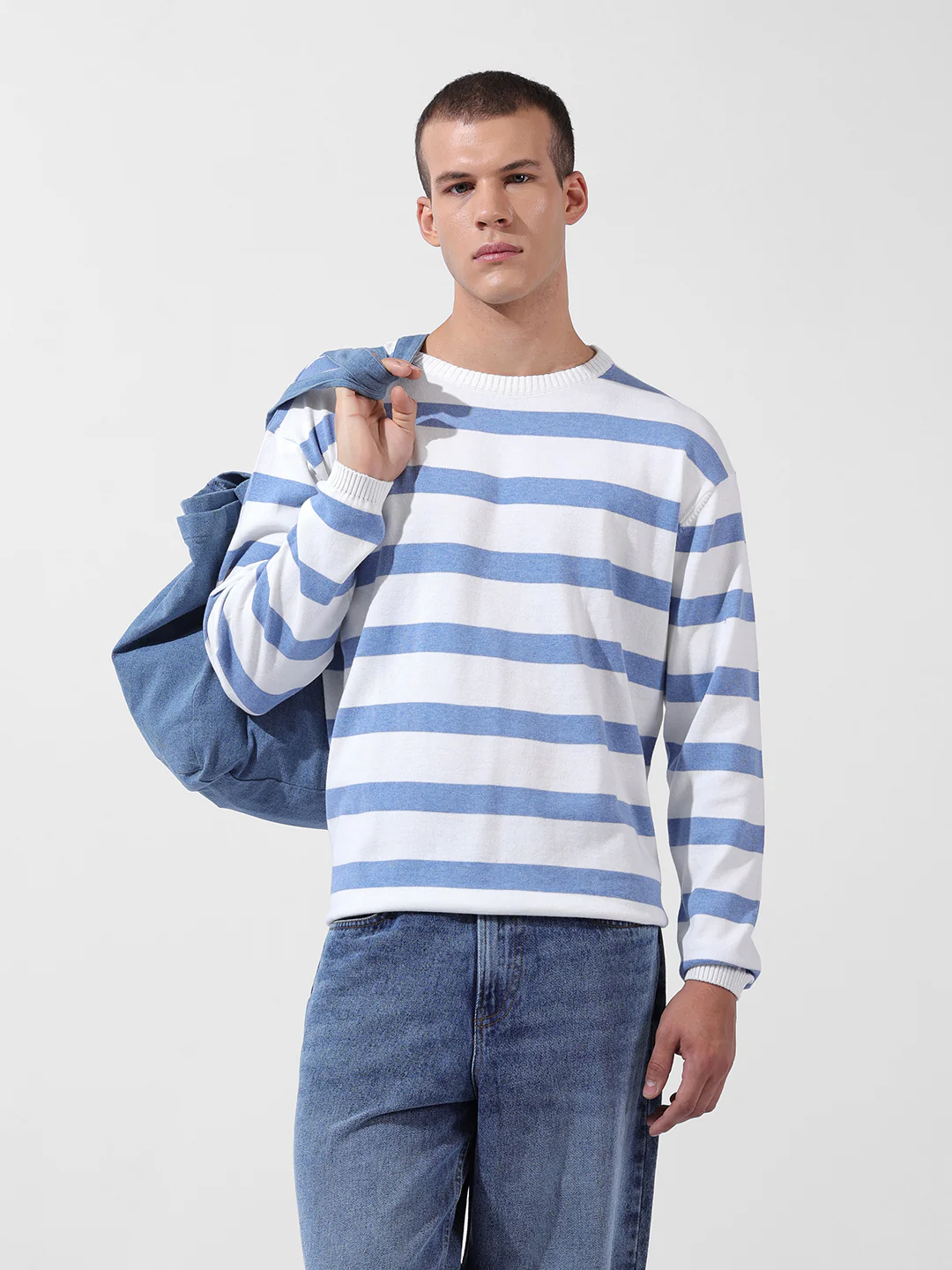 Men's White Oversized Fit Striped Flat Knit T-Shirt - Image 2
