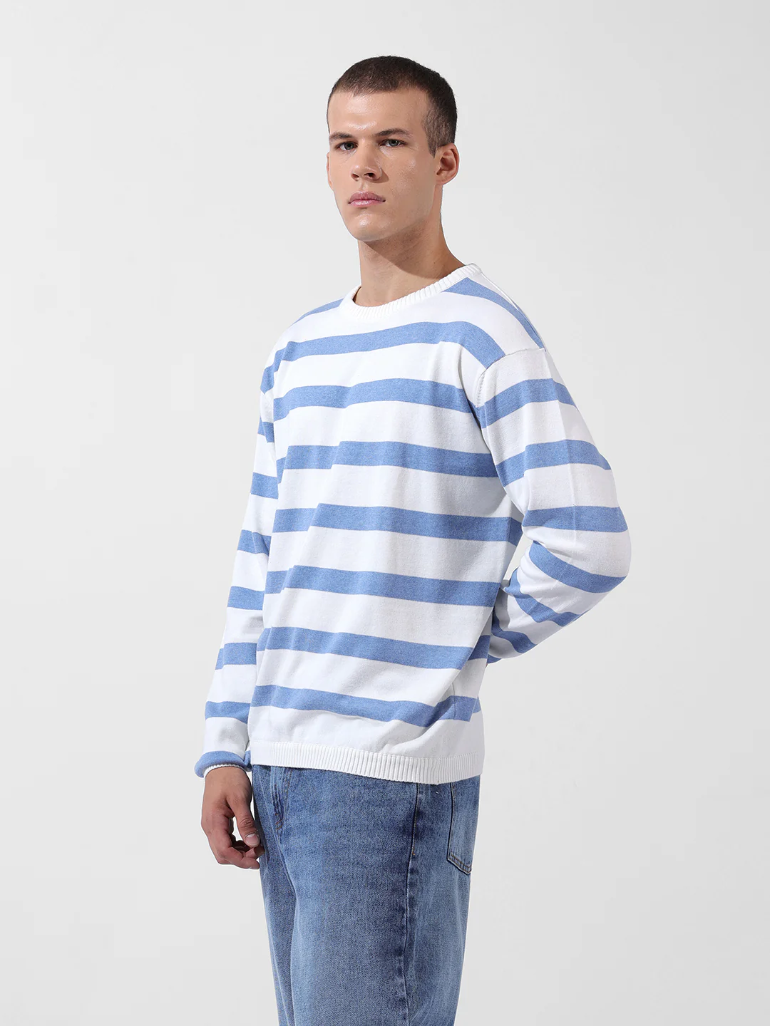 Men's White Oversized Fit Striped Flat Knit T-Shirt - Image 3