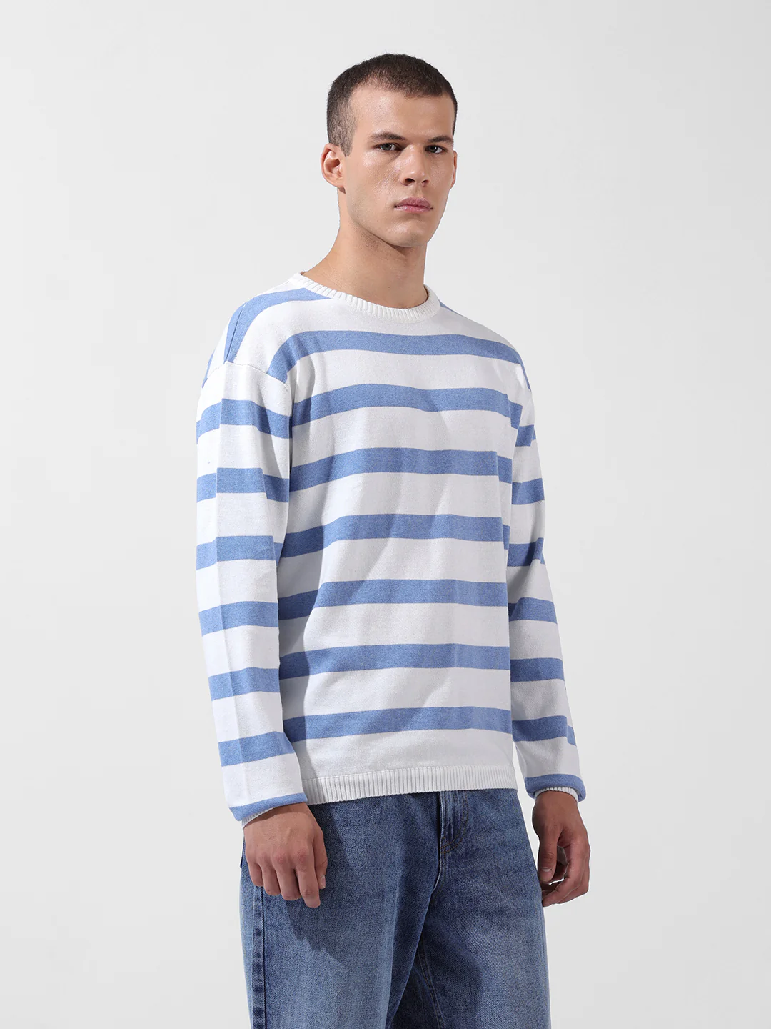 Men's White Oversized Fit Striped Flat Knit T-Shirt - Image 4