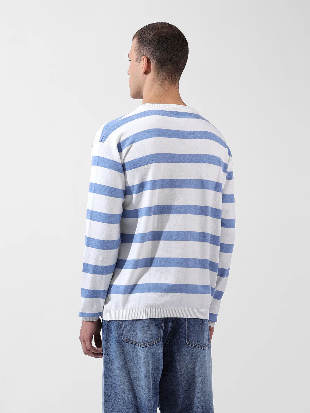Men's White Oversized Fit Striped Flat Knit T-Shirt - Image 5