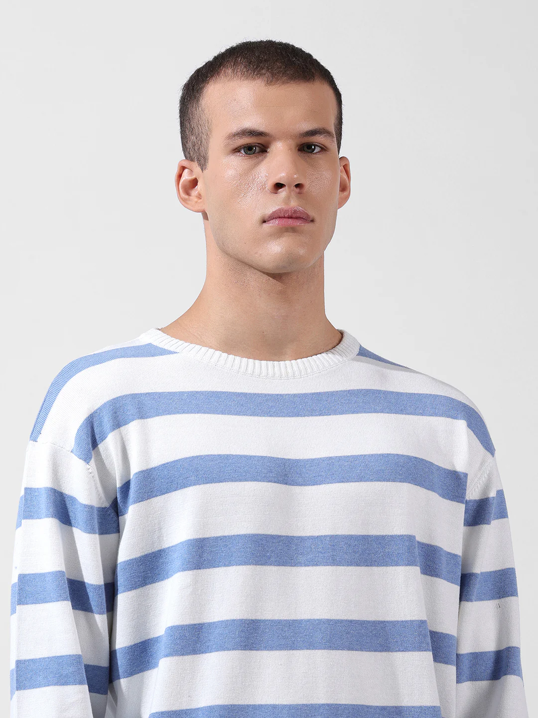 Men's White Oversized Fit Striped Flat Knit T-Shirt - Image 6