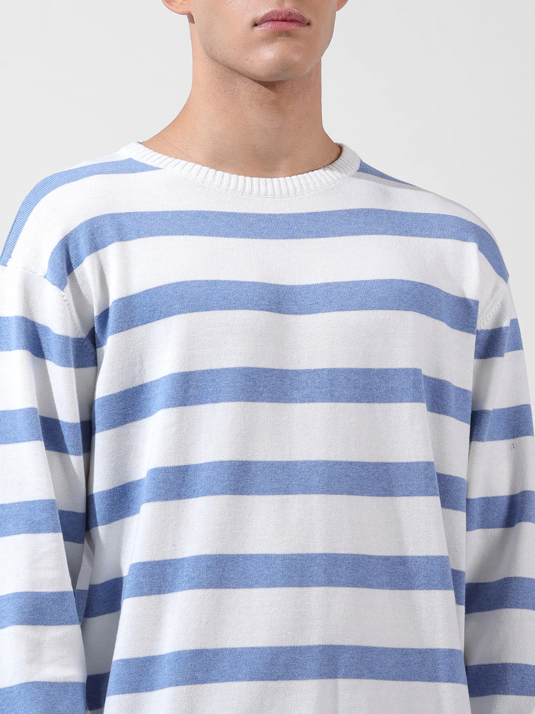 Men's White Oversized Fit Striped Flat Knit T-Shirt - Image 7