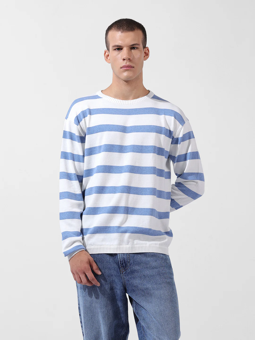 Men's White Oversized Fit Striped Flat Knit T-Shirt - Image 8