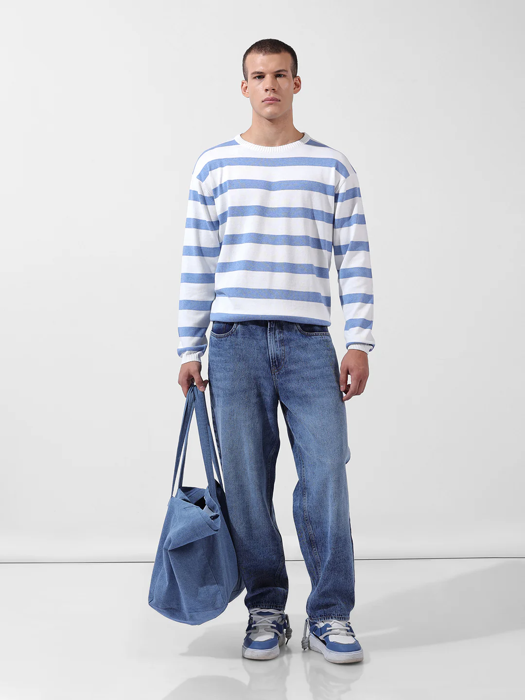Men's White Oversized Fit Striped Flat Knit T-Shirt - Image 9