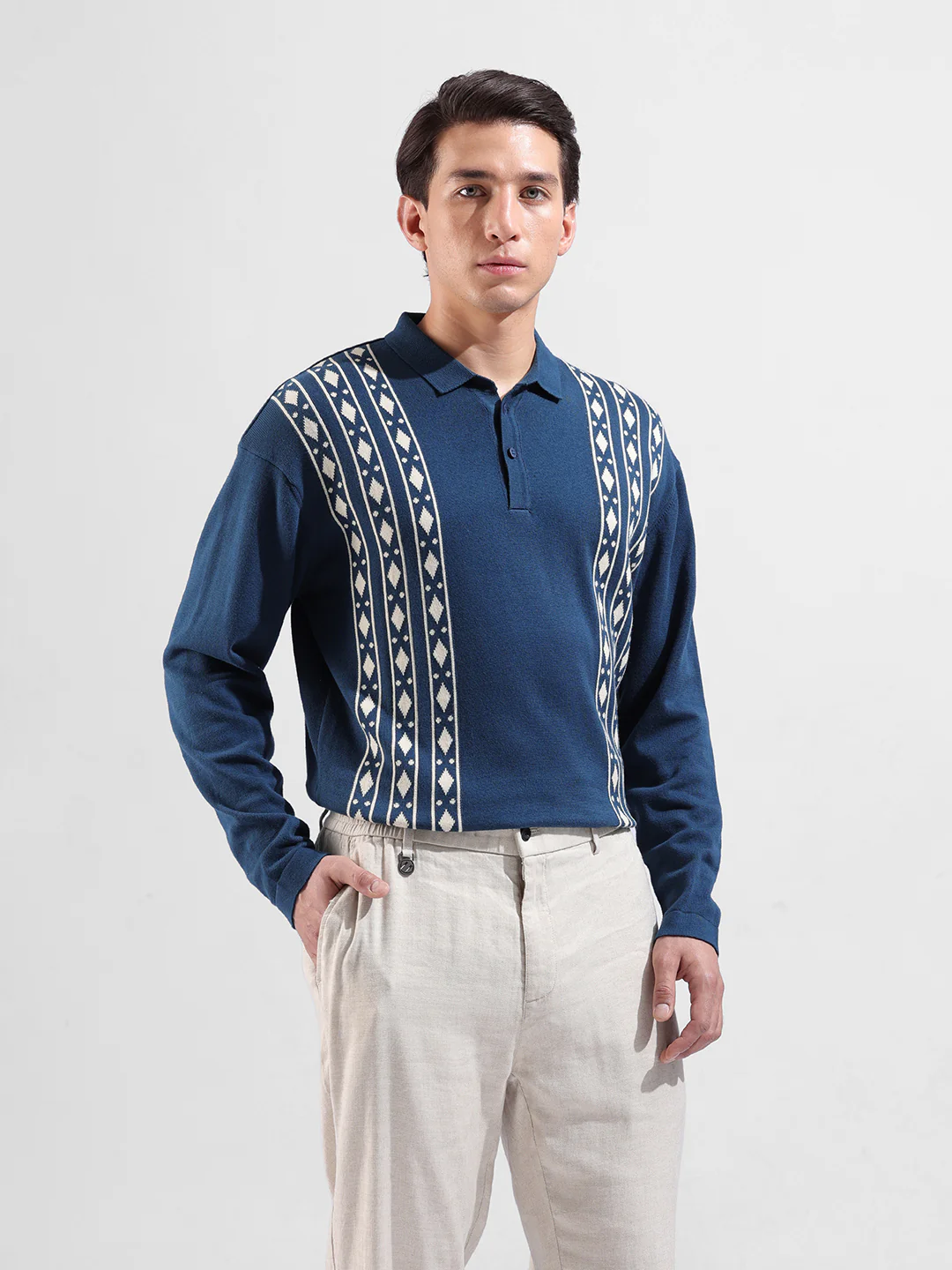 Men's Blue Oversized Fit Striped Flat Knit T-Shirt - Image 2