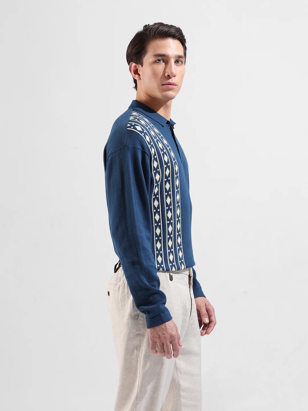 Men's Blue Oversized Fit Striped Flat Knit T-Shirt - Image 3