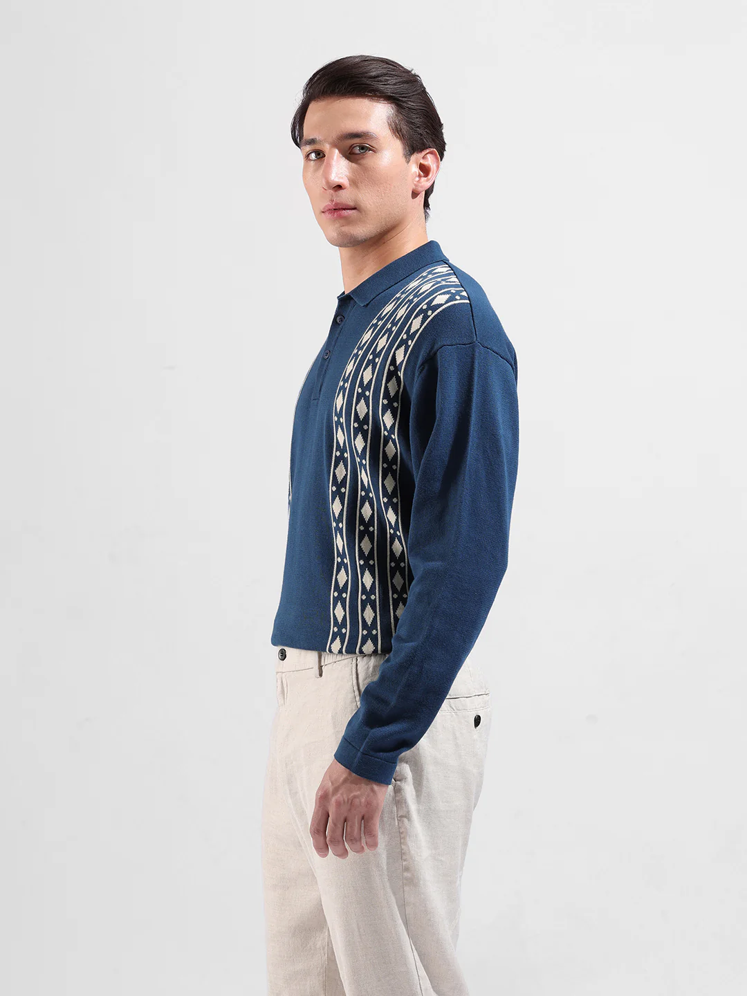 Men's Blue Oversized Fit Striped Flat Knit T-Shirt - Image 4