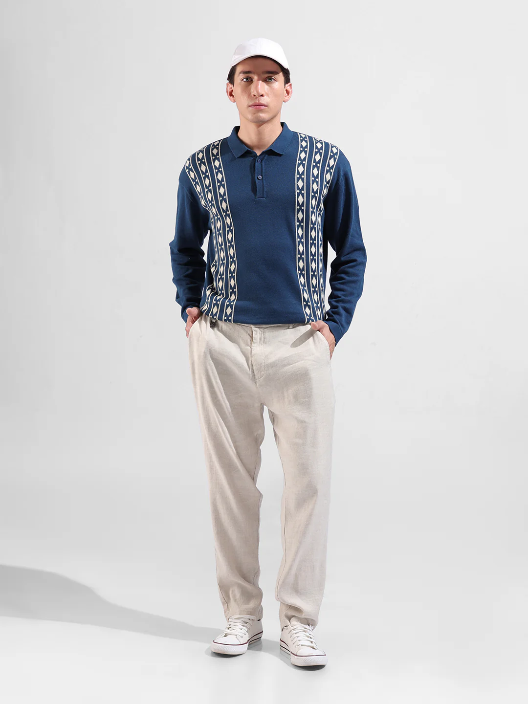 Men's Blue Oversized Fit Striped Flat Knit T-Shirt - Image 5
