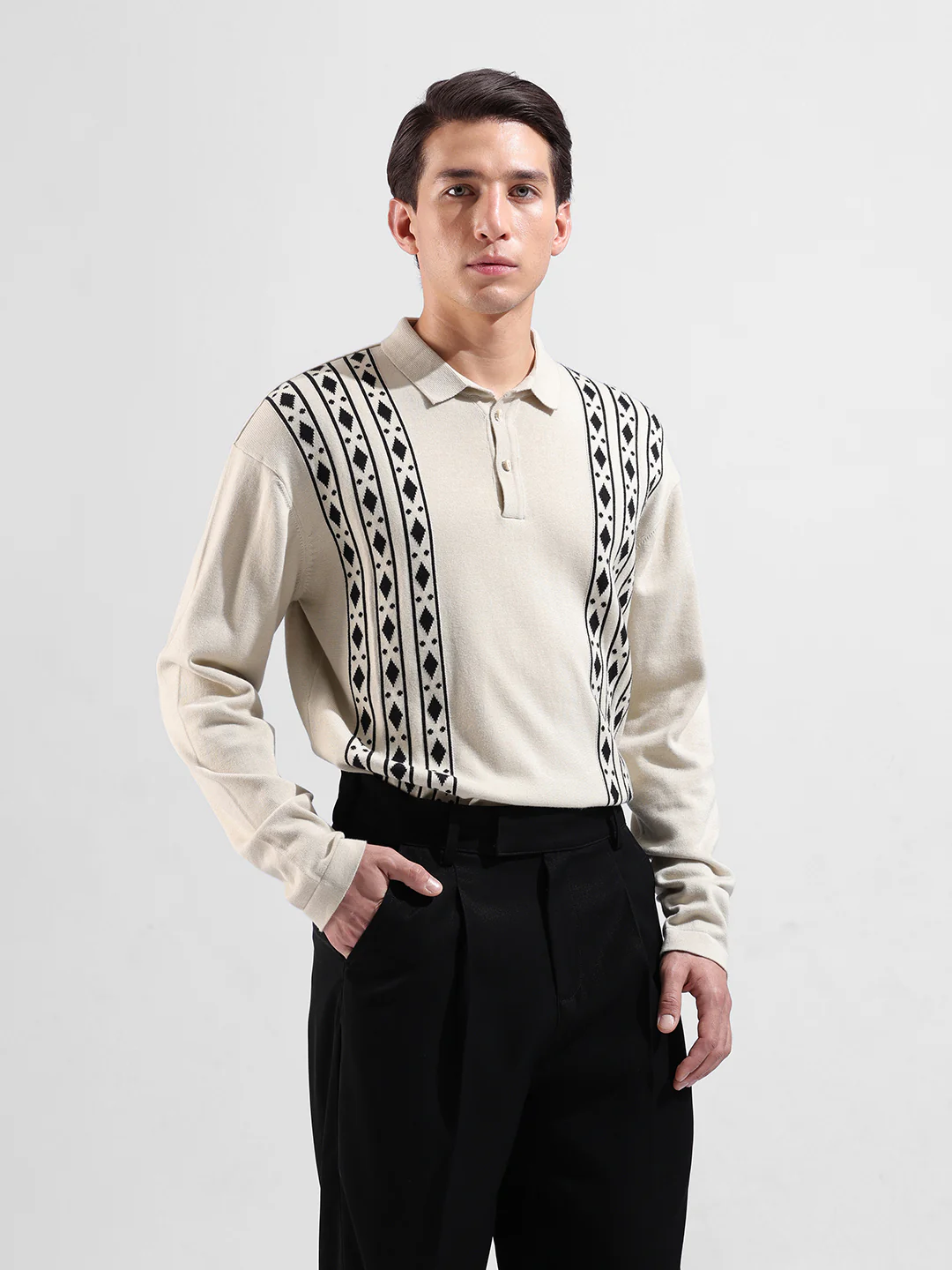 Men's Beige Oversized Fit Striped Flat Knit T-Shirt - Image 2