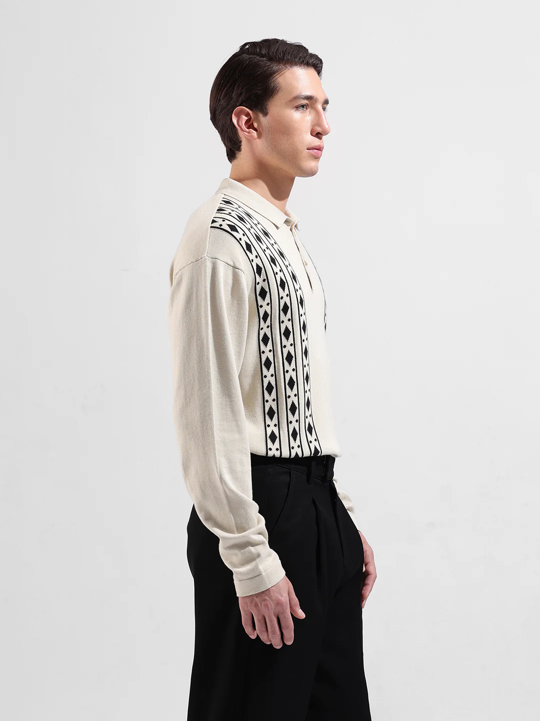 Men's Beige Oversized Fit Striped Flat Knit T-Shirt - Image 3