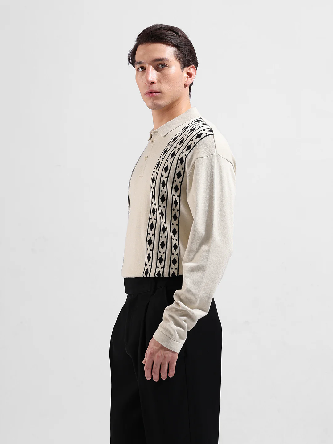 Men's Beige Oversized Fit Striped Flat Knit T-Shirt - Image 4