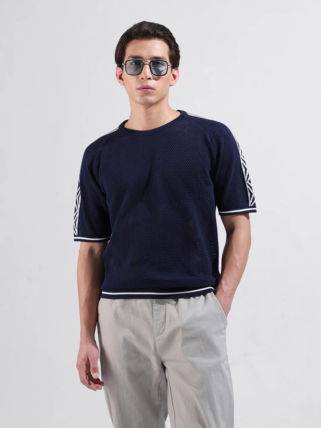 Men's Blue Oversized Fit Solid Flat Knit Crew Neck T-Shirt - Image 2