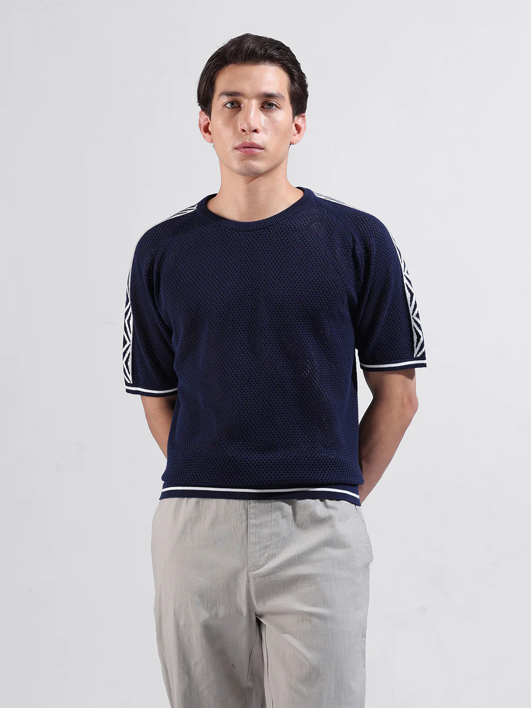 Men's Blue Oversized Fit Solid Flat Knit Crew Neck T-Shirt - Image 3