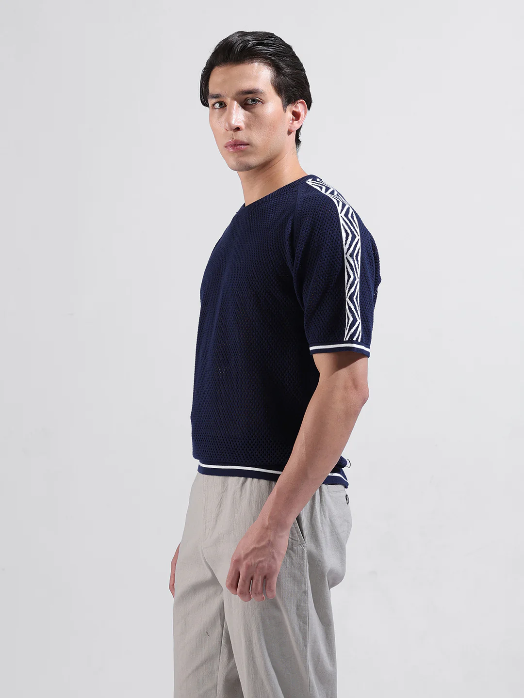 Men's Blue Oversized Fit Solid Flat Knit Crew Neck T-Shirt - Image 4