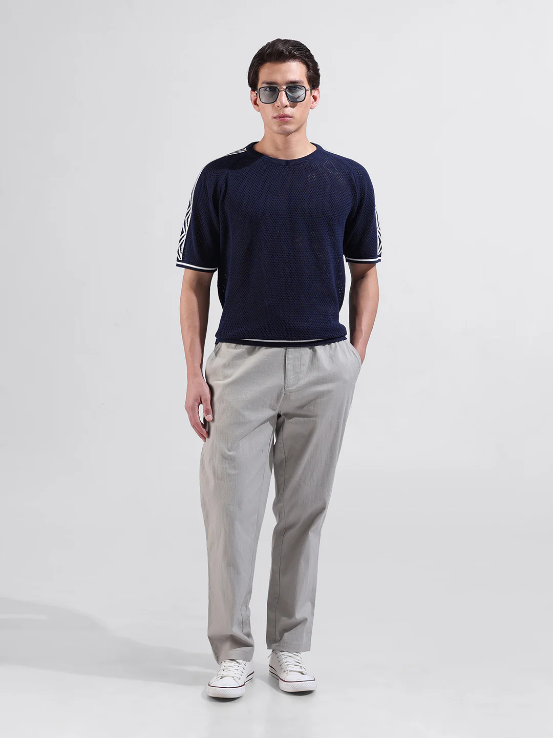 Men's Blue Oversized Fit Solid Flat Knit Crew Neck T-Shirt - Image 5